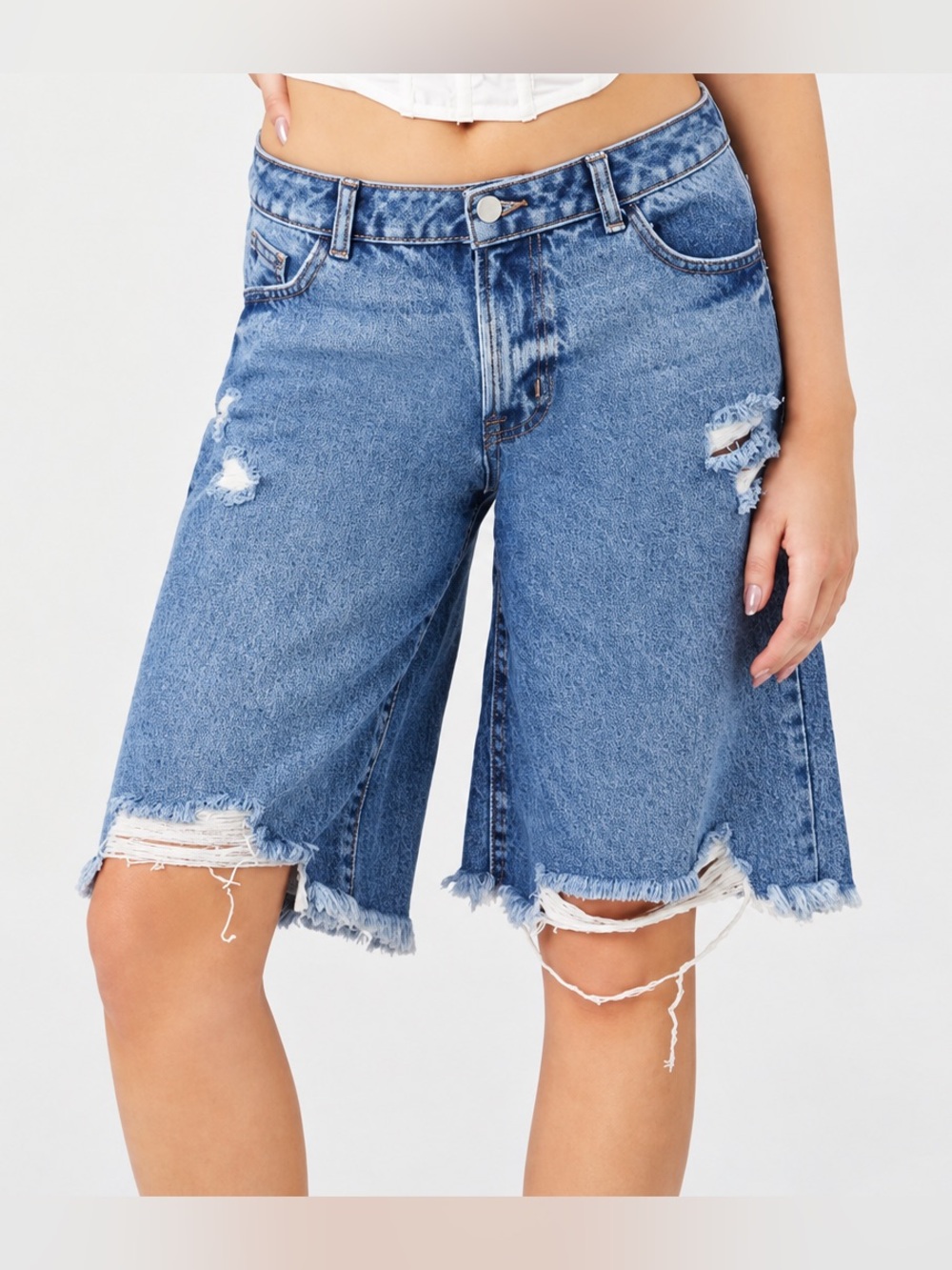 Forever 21 Premium Denim Bermuda Shorts Distressed Denim Bermuda Shorts in Blue